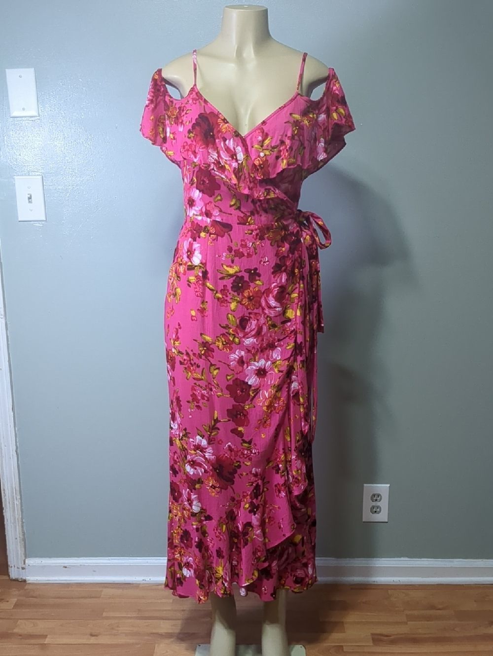 Bluivy- Pink Floral Cold-Shoulder, Wrap Maxi Dress, Size L -Boho